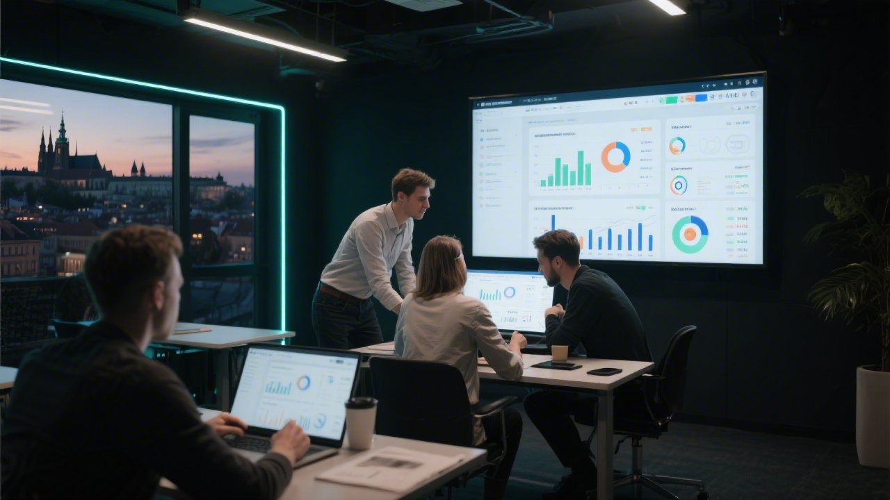 Modern training space with large screens, designers and marketers collaborating on web layouts and performance dashboards, dark ambient lighting with subtle neon accents and Prague skyline mood.